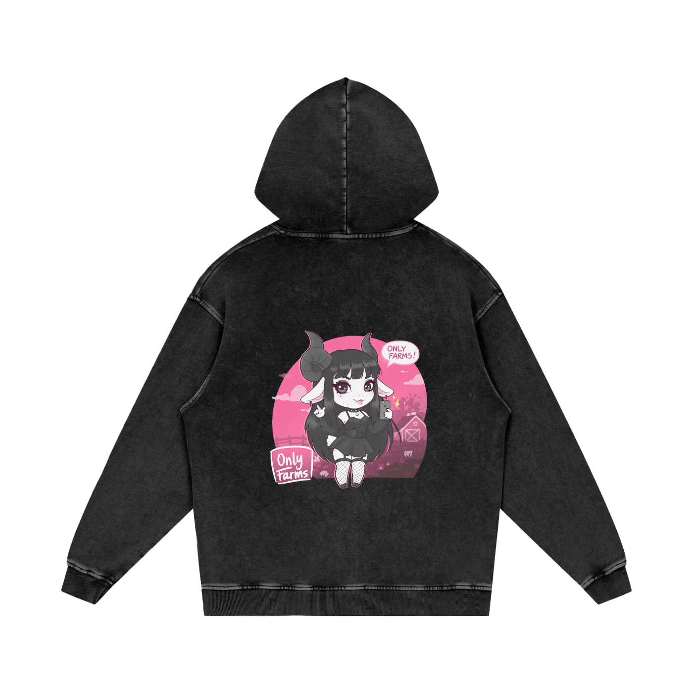 Gothic Kawaii Animal Character Black Unisex Acid Wash Oversize Hoodie "Only Farms" collection 2025